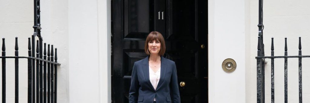 Rachel Reeves, Shadow Chancellor of the Exchequer standing in front of Number 11 Downing Street.