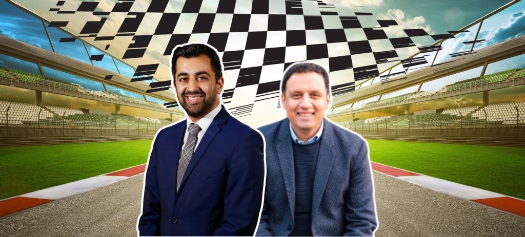 The race for the Scottish Business vote. Anas Sarwar and Humza Yousaf on a race course.