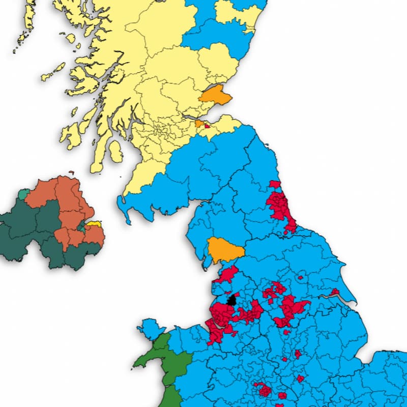 [electoral results map of the UK from the 2019 election ]