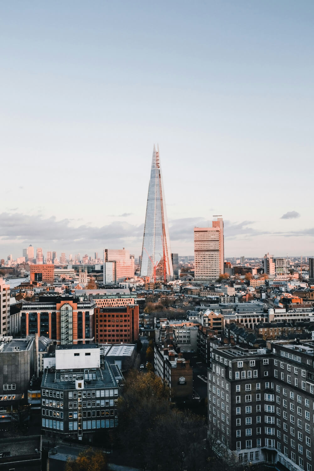 London skyline at sunset with the Shard building in the foreground.