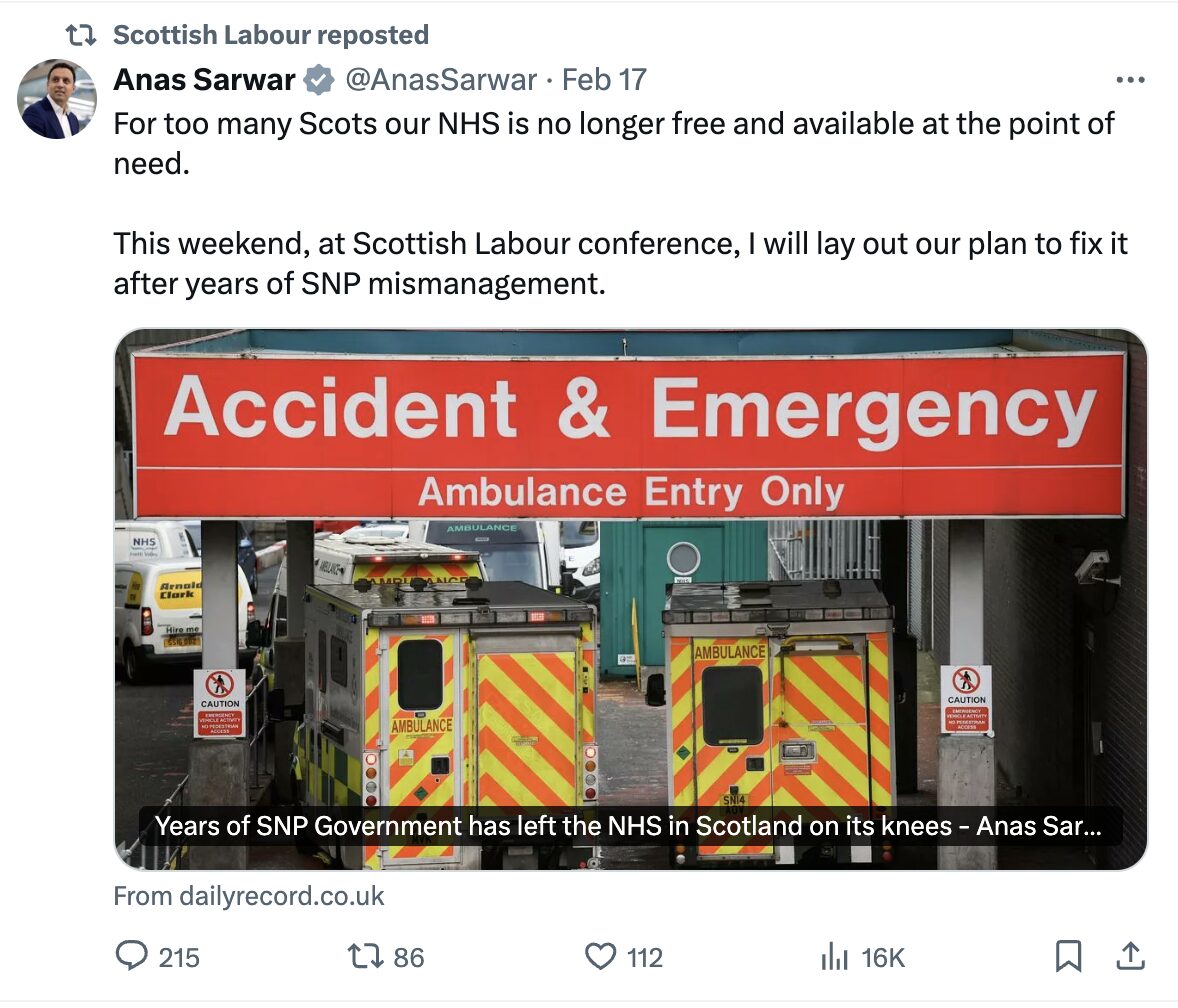 A screenshot from twitter / X showing Anas Sarwar blaming failings on the SNP.